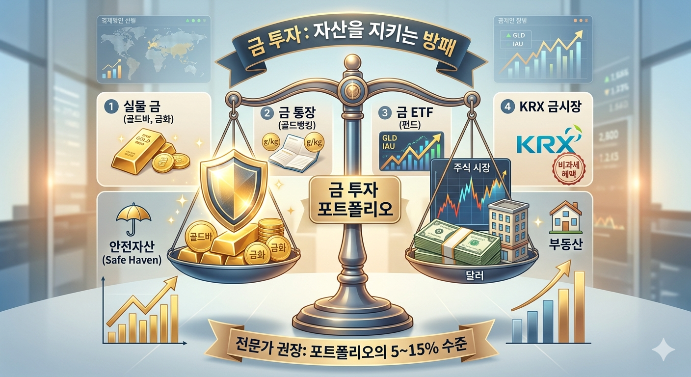 금 투자 포트폴리오 방법 비교 - 실물 금(골드바·금화), 금 통장(골드뱅킹), 금 ETF(GLD·IAU), KRX 금시장 4가지 투자 방법과 포트폴리오 5~15% 편입 전략