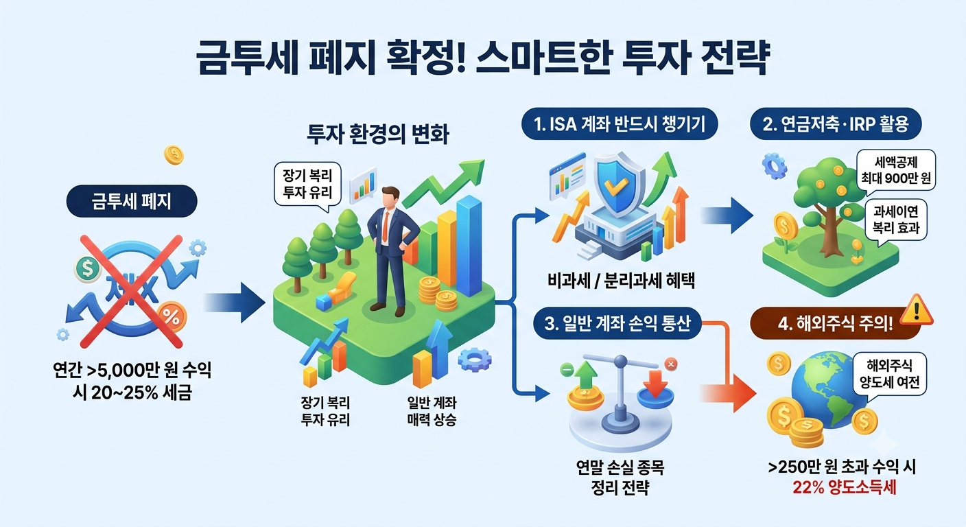 금투세 폐지 후 스마트한 투자 전략 - ISA 계좌 비과세·분리과세 활용, 연금저축·IRP 세액공제 최대 900만 원, 일반 계좌 손익 통산, 해외주식 양도세 22% 주의