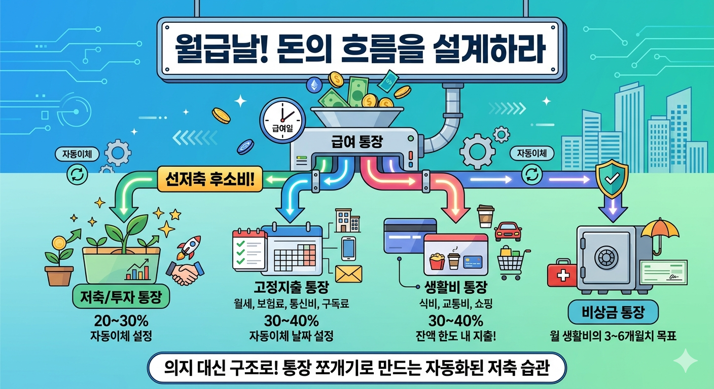 월급날 통장 쪼개기 구조 - 급여 통장에서 저축/투자 통장(20~30%), 고정지출 통장(30~40%), 생활비 통장(30~40%), 비상금 통장으로 자동이체 분리하는 선저축 후소비 방법