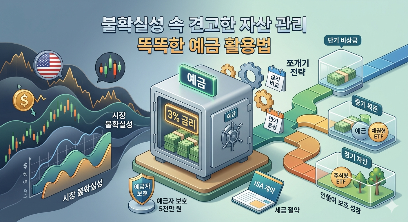 시장 불확실성 속 똑똑한 예금 활용법 - 3% 금리 예금, 만기 분산·쪼개기 전략, 단기 비상금·중기 목돈·장기 자산 3단계 구성, ISA 계좌 세금 절약, 예금자 보호 5천만 원