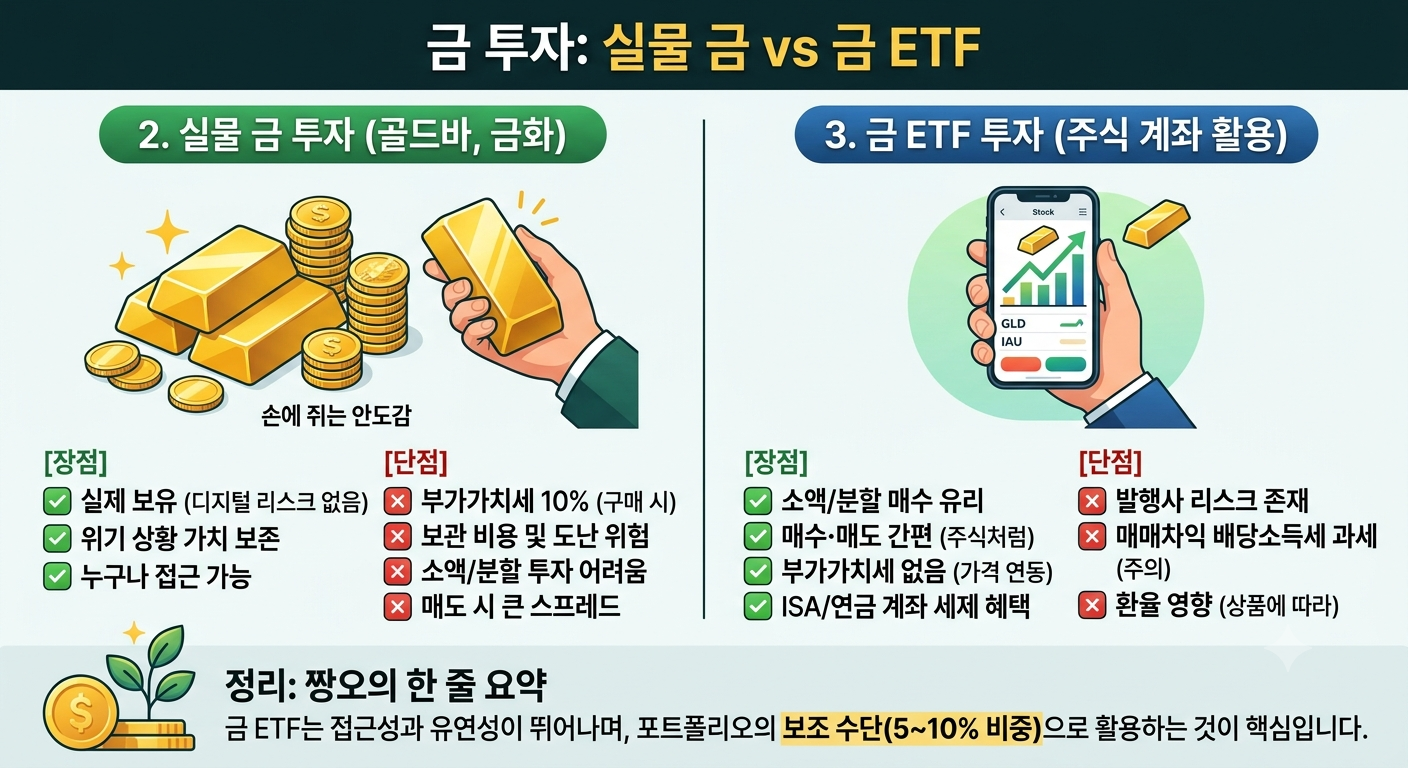 금 투자 비교 - 실물 금(골드바·금화) 장단점과 금 ETF(GLD·IAU) 장단점, 부가가치세·보관비용·ISA계좌 세제혜택 비교, 금 ETF 포트폴리오 5~10% 비중 활용 전략